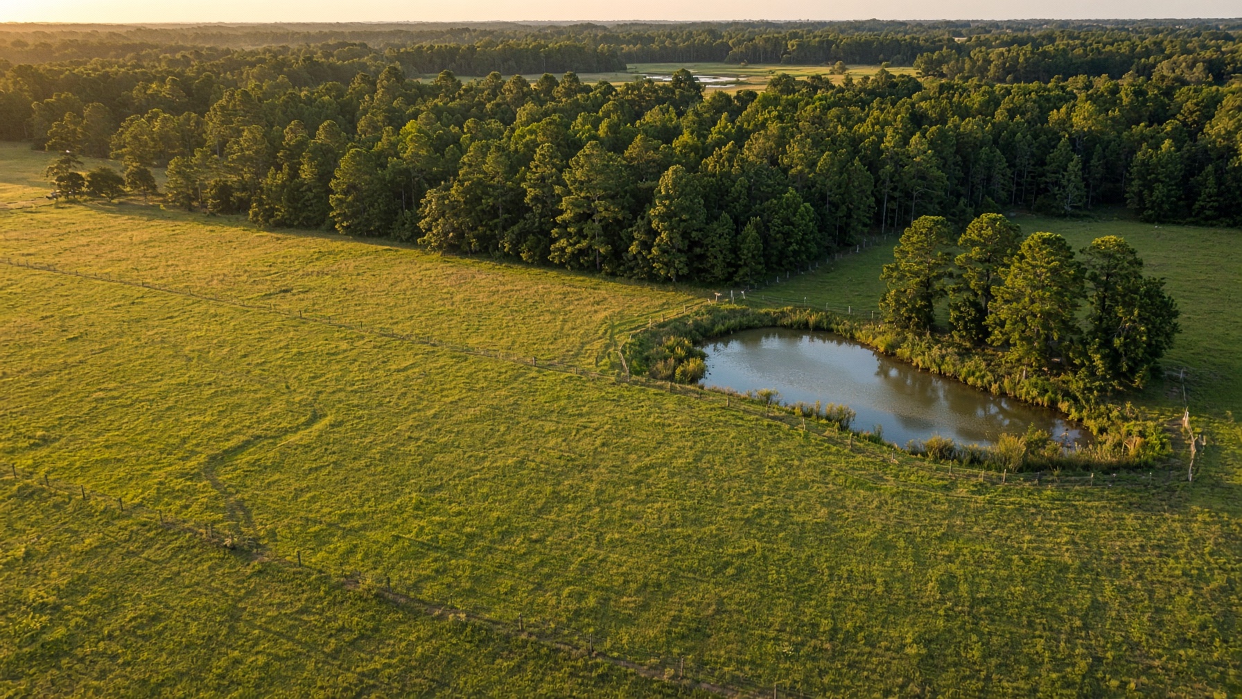 Aerial of pasture and a pond at dusk