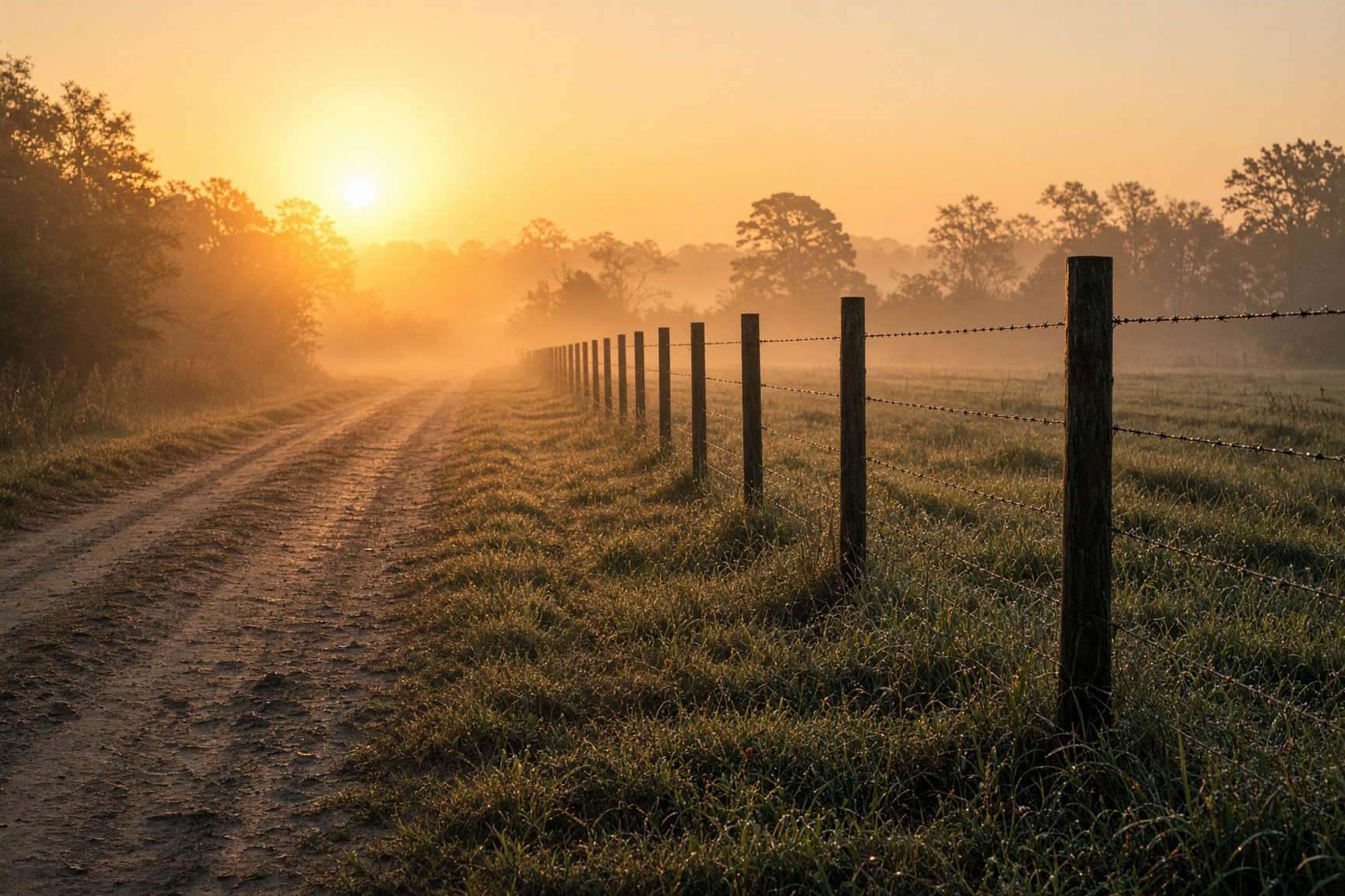 A pasture fence along a dirt road at sunrise
